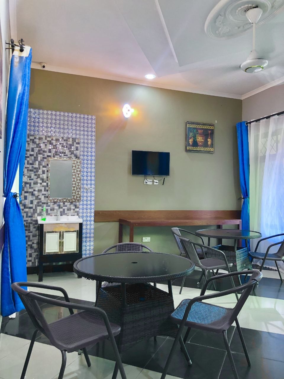Dining area with seating and bar