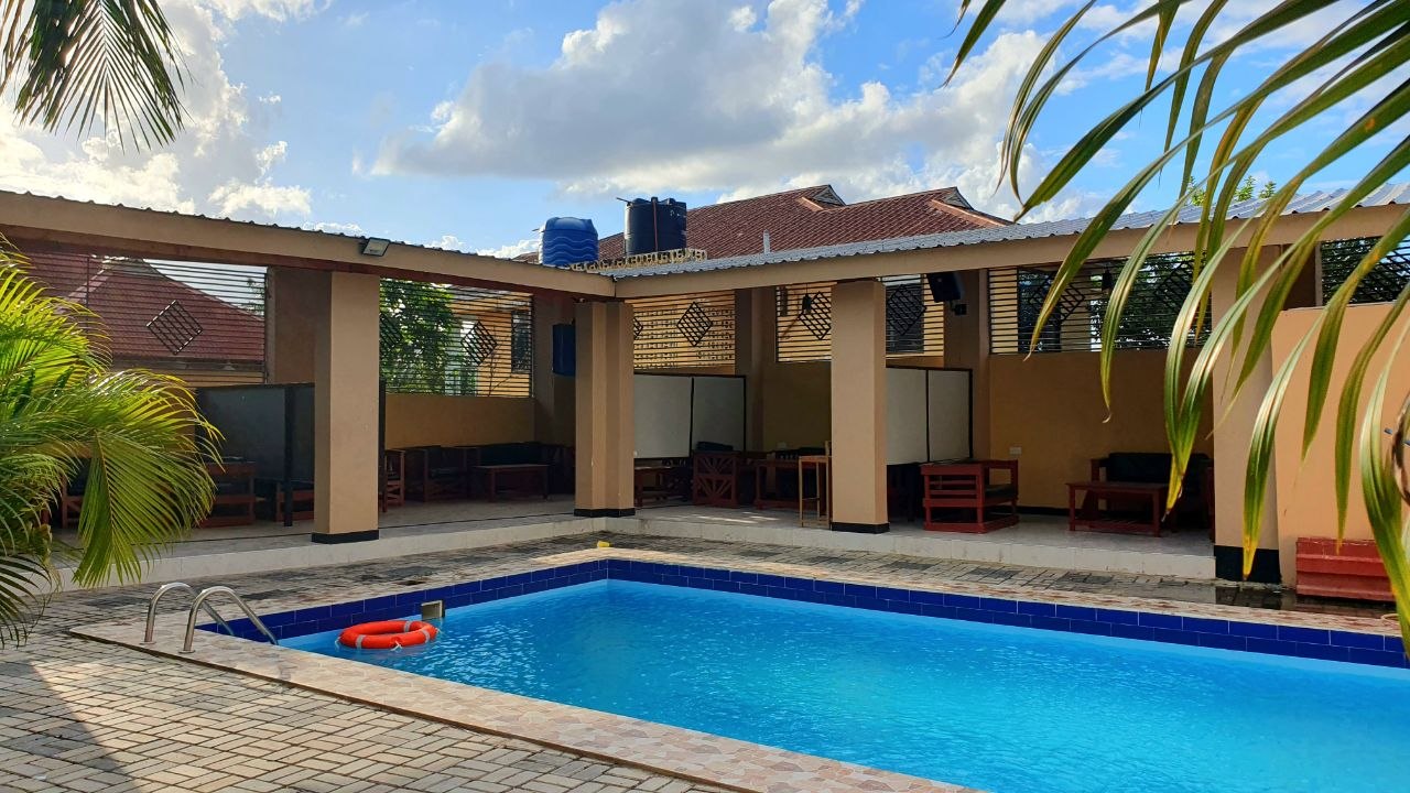 Outdoor swimming pool and lounge area